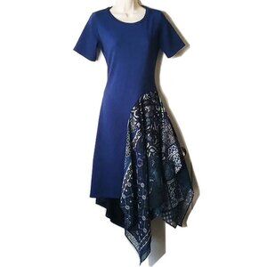 Desigual Asymmetrical Short Sleeve Rib-Knit Handkerchief Midi Dress M Blue